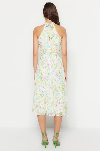 Trendyol Collection White Floral Print Belted A-Line Halter Neckline Lined Chiffon Flight Flight Midi Dress Twoss20El2536- Trendyol Trendyol Collection White Floral Print Belted A-Line Halter Neckline Lined Chiffon Flight Flight Midi Dress Twoss20El2536- Trendyol