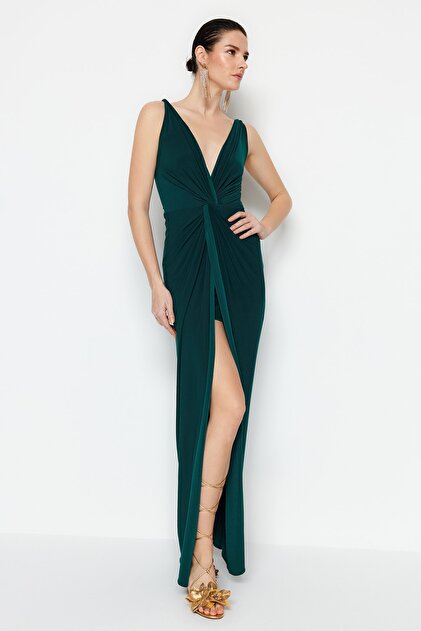 Trendyol Collection Emerald Green Lined Knitted Stylish Evening Dress Night Graduation  Dresses Tprss19Ut0099- Trendyol