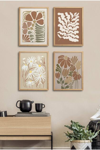 Set of 4 Paintings with Natural Wood Frame D-003