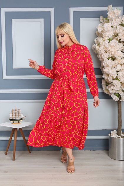 Rochie de damă, mărime mare, roșu, verde, galben, imprimat, țesut din viscoză