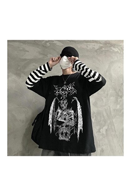 Touz Gothic Devil Unisex Siyah Oversize Uzun Kollu T-shirt