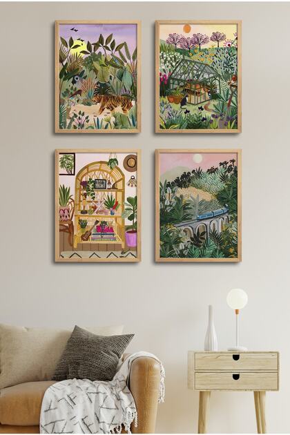 Natural Wood Framed 4-Piece Painting Set D-024