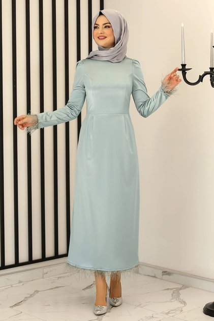 Tüy Detay Saten Kalem Abiye Elbise Mint - Design - Fsc3016