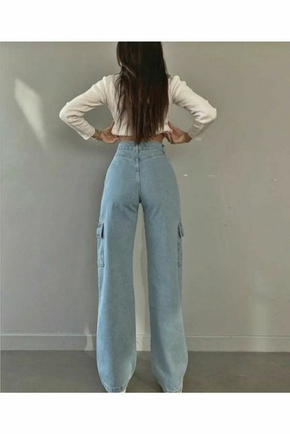 Jasmin Light Blue Cargo Loose Back Pocketless Lycra Super High Waist Jean Trousers