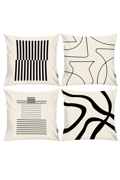 Scandinavian, Cozy, Bohemian, Modern Double Sided Printed 4-Piece Throw Pillow Cover Cream, Black