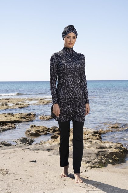 Women's Digital Patterned Hijab Swimsuit with Fully Covered Trousers