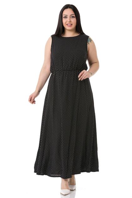 Large Size Thick Strap Elastic Waist Small Polka Dot Long Viscose Black Dress