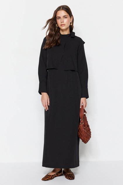 Black Collar Tie Detailed Woven Dress TCTSS23EB00283