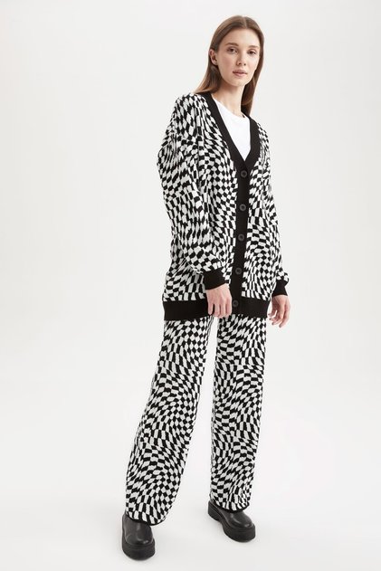 Regular Fit Flare Leg Checkerboard Patterned Knitwear Trousers