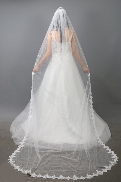 Long Wedding Dress Veil with Glitter Tulle French Lace Veil Length 300 Cm with Comb Off-White Color