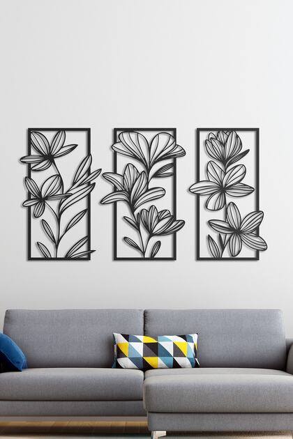 Daylily Metal Duvar Tablosu - 3 Parça Siyah - 45 X 28 Cm