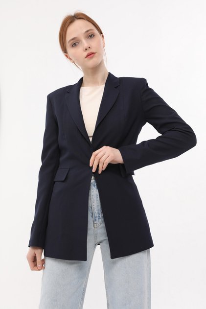 Navy Blue Single Button Women's Woven Fabric Jacket