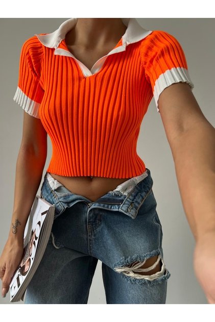 Women's Orange Polo Neck Crop Knitwear Sweater - Stylish and Modern Design