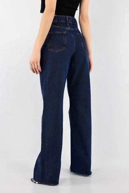 Koyu Lacivert Extra Yüksek Power Likralı Salaş Jeans Palazzo Pantolon (süper Yüksek)