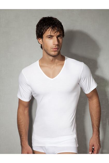 Men's White Cotton V-Neck Short Sleeve T Shirt 2810