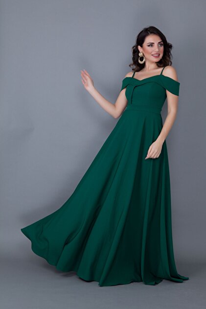 Bidoluelbise Women's Strappy Off-Shoulder Detail Maxi Length Flared Emerald  Green Evening Dress Engagement and Graduation Dress- Trendyol