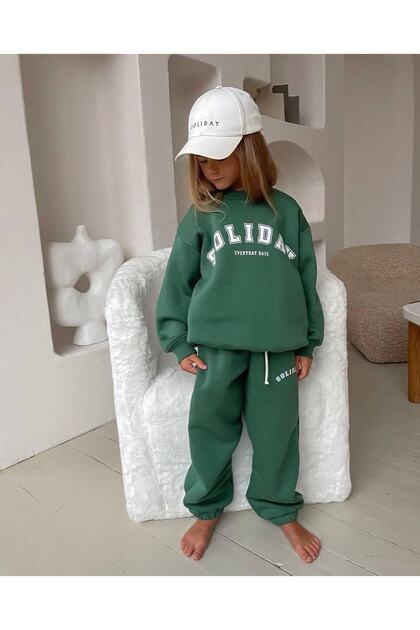 Kids Soliday Printed Thick Boy's Bottom Top Tracksuit Set - 3 Thread Ribbon Set