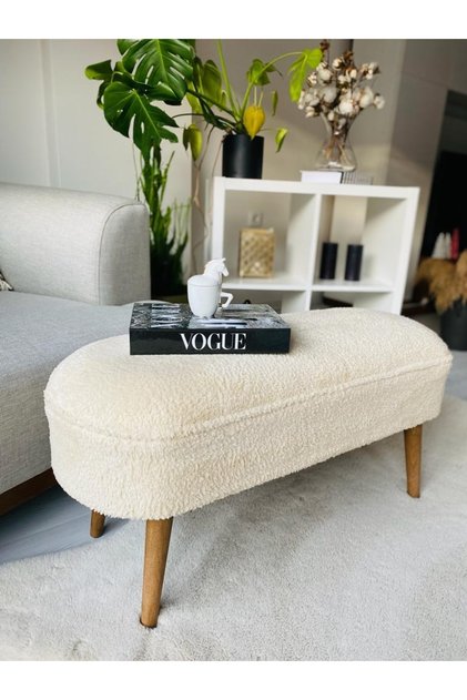 Retro Ceviz Renk Ahşap Ayaklı Geniş Oturum Alanlı Oval Bench Puf Krem Teddy Kumaş
