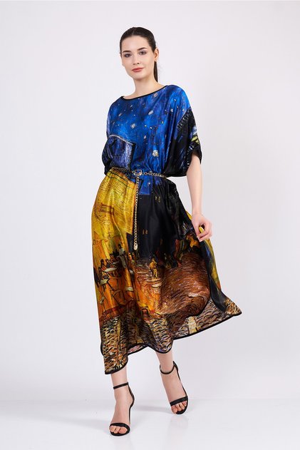 %100 Ipek Uzun Kaftan Elbise | Van Gogh Cafe Terrace At Night