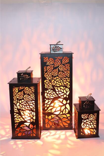 Ahşap Fener Mumluk 3lü Set Yaprak Model