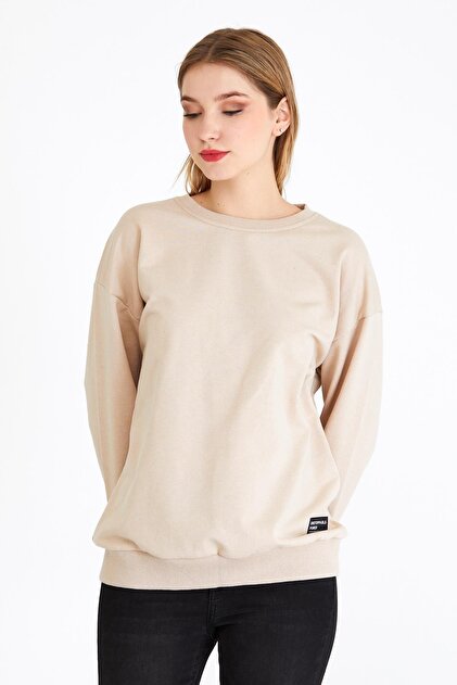 flexwitme Sサイズ mmetalic Kadın Bej Renk Basic Bisiklet Yaka Sweatshirt - Fiyatı