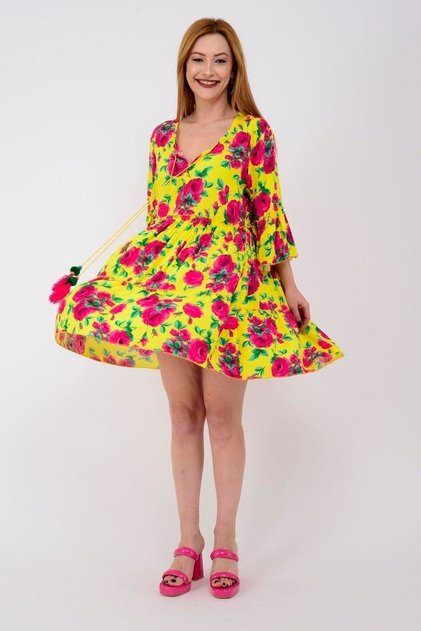 Women's Pompom Floral Print Boho Short Spanish Authentic Midi Dress