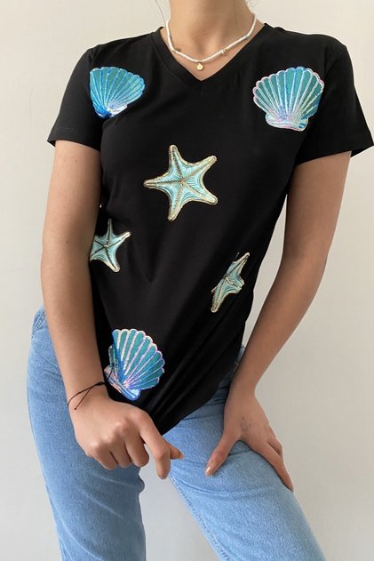 Women's Black V-Neck Oyster Starfish Sequin Embroidered Cotton T-shirt