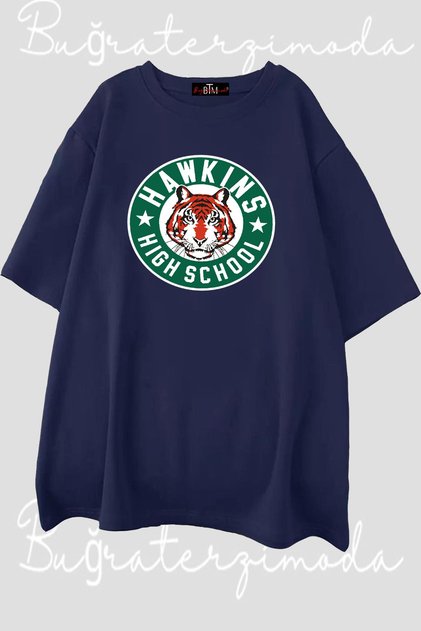 Hawkins High School Printed Crew Neck Vintage Navy Blue Oversize T-shirt