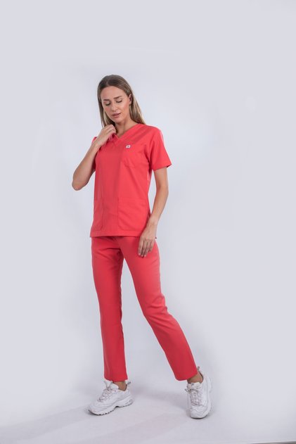 Soft stretch fabric surgical set, nurse uniform, unisex, set-in sleeve, coral