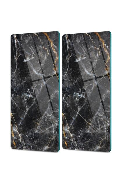 Glass Coffee Table Set of 2 Black Marble Patterned 30 X 15 cm