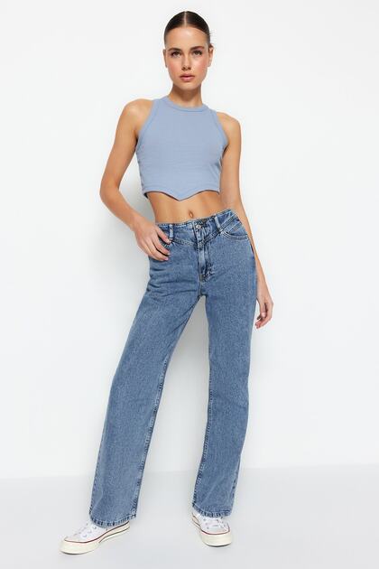 Trendyolmilla Koyu Mavi Bel Detaylı Yüksek Bel Wide Leg Jeans
