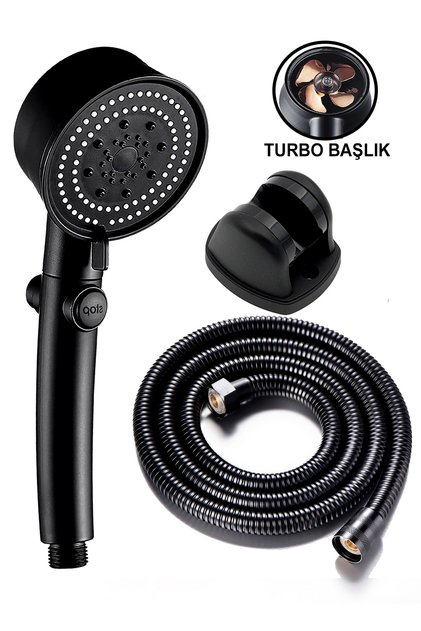 3'lü Set Siyah 5 Fonksiyonlu Turbo Jet Pervaneli Duş Başlığı Örgülü Hortum Ve Askı