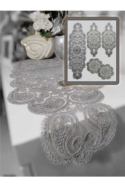 Damla 5 Piece Luxury Runner Living Room Coffee Table Tablecloth Set French Laced Dowry Set Gray