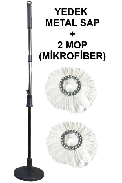 Tüm Temizlik Seti Kovalarına Uyumlu Metal Yedek Sap 2 Mop Döner Setlere Uyumlu Mikrofiber Mop Başlık