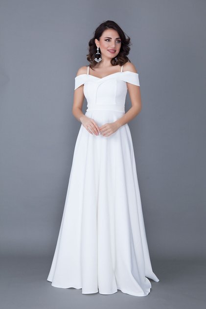 Women's Strappy Off-Shoulder Detail Maxi Length Flared White Evening Dress Engagement Wedding And Graduation Dress