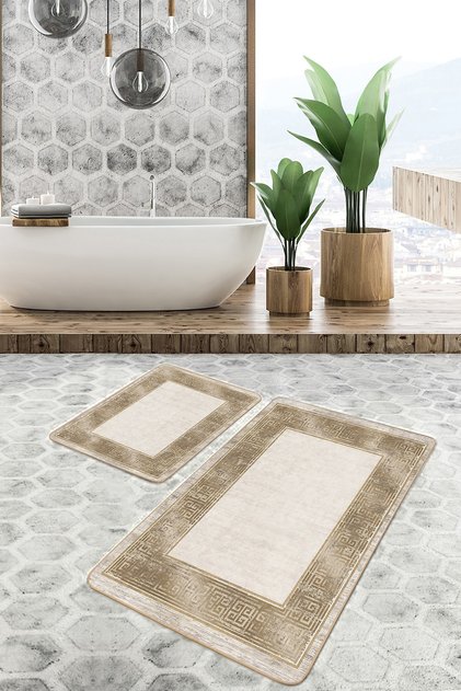 Set of 2 Cream - Gold Framed Motif on Gold Avangarde Geometric 2-Piece Bath Mat Set