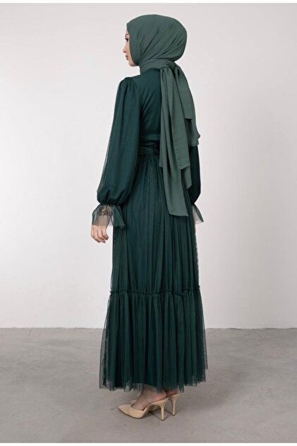 random tulle layered iris pleats OP オリーブ Modarana Boydan Tulle Layered Frilly Hijab Evening Dress- Trendyol