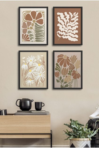 Framed? 4 Piece Abstract Pastel Painting Set? 18X23 cm 30X40 cm Black and White Wooden Frame? D-003