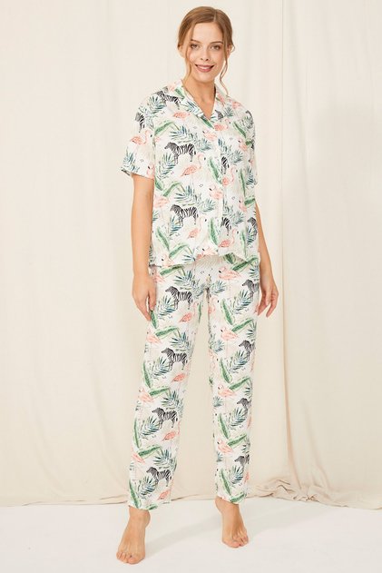 New Season Short Sleeve Front Buttoned Woven Viscose Fabric Shirt-pants 2-Piece Women's Pajamas Set