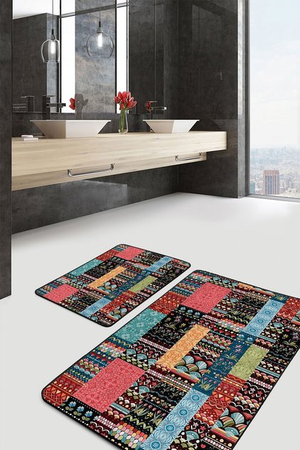 Set of 2 Vintage Classic 2-Piece Bath Mat Set with Patchwork Motif and Rug Pattern on Colorful Floor
