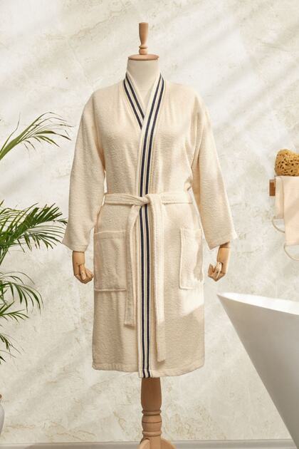 Minka Off White Lacivert Sonil %100 Pamuk S/m Bornoz