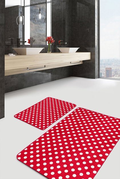 Set of 2 Classic Simple & Stylish 2-Piece Bath Mat Set with Geometric Motifs and Polka Dots on Red Floor