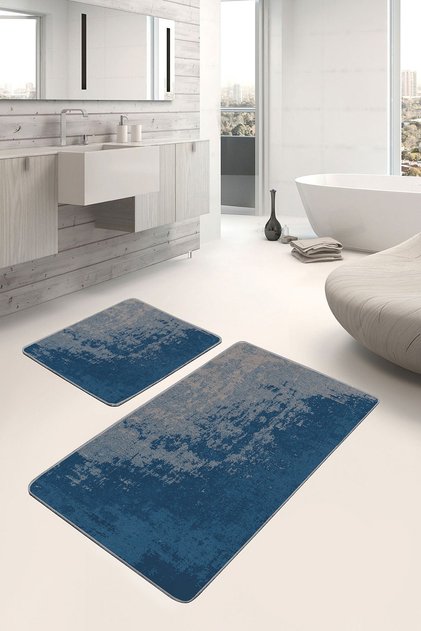 Set of 2 Vintage 2-Piece Bath Mat Set with Antique Motif and Antique Pattern on Blue Floor