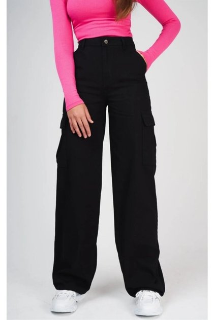 Black Fadeproof Cargo Pocket Palazzo High Waist Jeans Trousers Queen