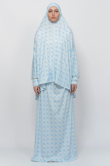 Practical Two Pieces Sun Patterned Bat Sleeve Hijab Lycra Muslim Prayer Dress 992-0310