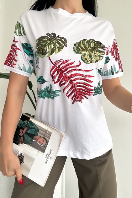 Women's White New Season Leaf Pattern Sequin Embroidered 100% Cotton T-Shirt