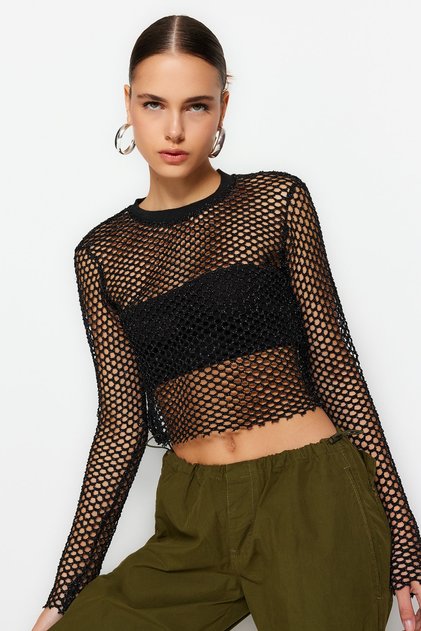 Čierna lurexová sieťovina Uvoľnený strih Crew Neck Crop Pletená blúzka TWOSS23BZ00523