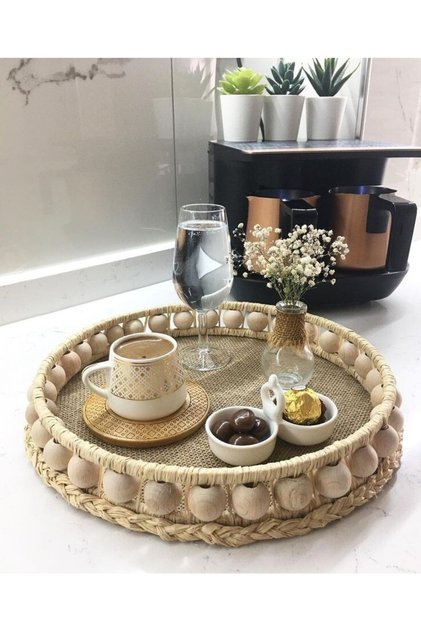 Bohemian Raffia Wicker Tray Presentation Holder Wooden Beaded Raffia Presentation Tray Decorative Organizer