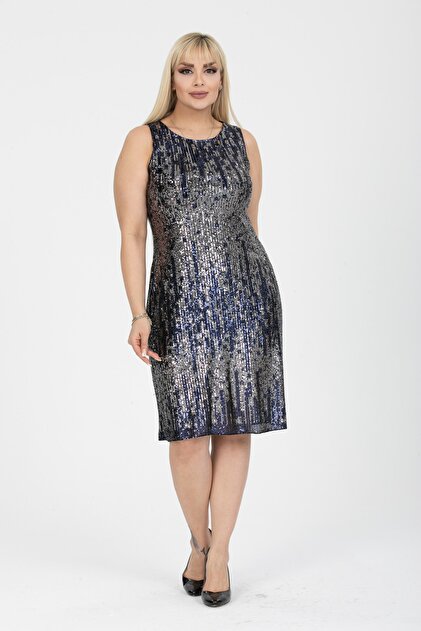 Gül Moda Plus Size Evening Dress Navy Blue Sequin Sequined Midi Lined  Graduation Wedding Party Dress Navy G107-1- Trendyol