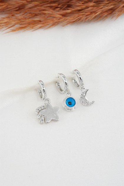 Women's Zircon Stone Moon and Star Figured 3-Piece Earring Set